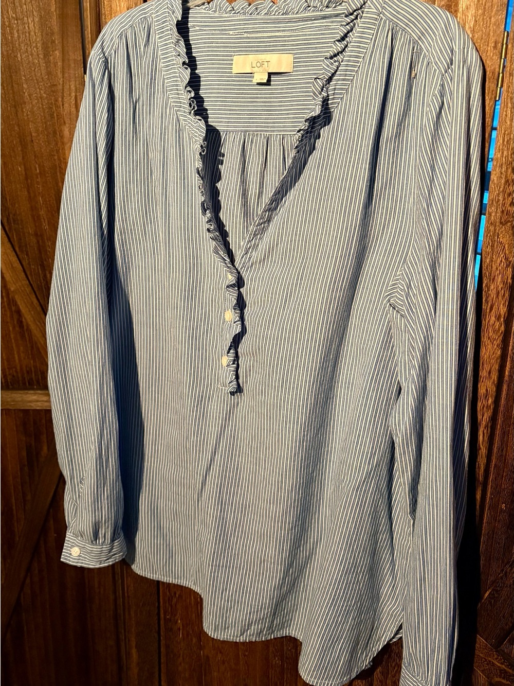 LOFT Navy and White Pinstripe Ruffle Henley Blouse